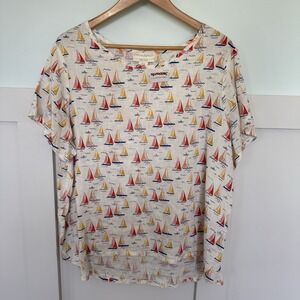 Cynthia Rowley NWT 100% Linen Blouse Top Sz 1X Sailboats Sharks Nautical Beach